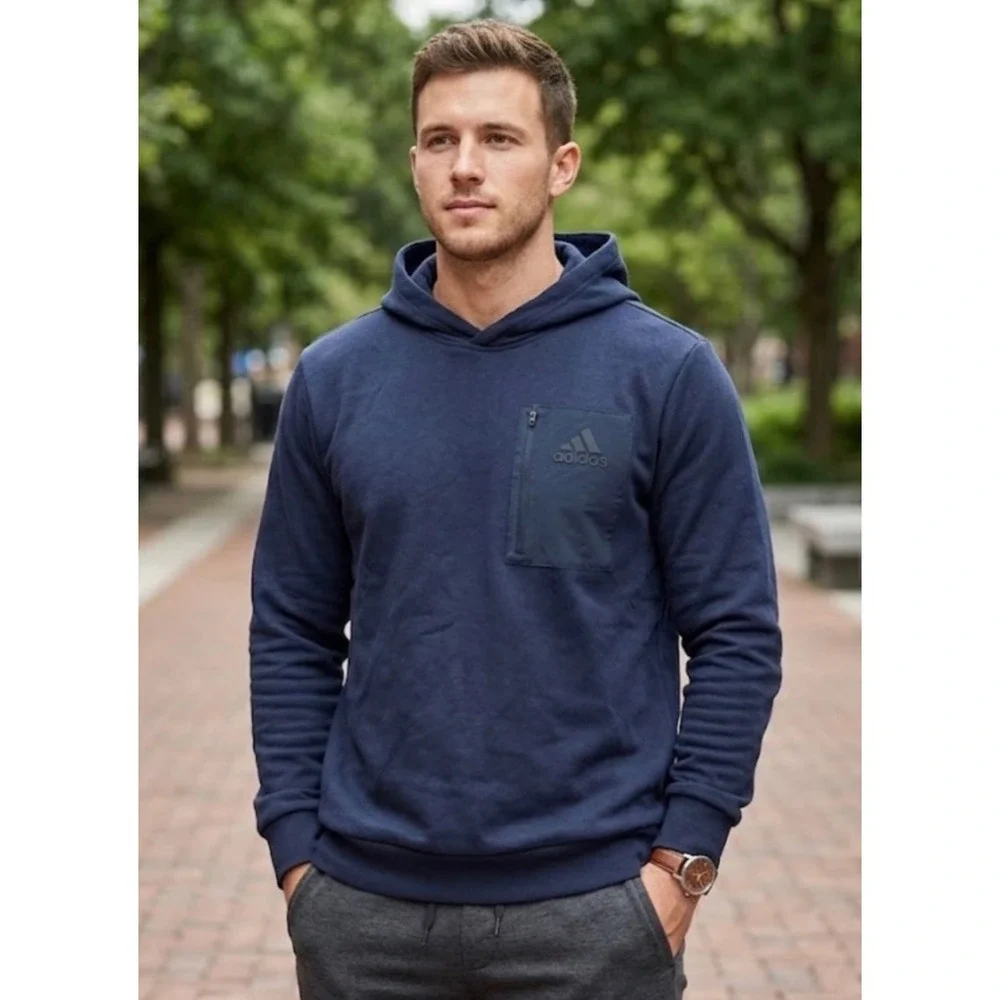Adidas Mens Navy Blue Fleece Hoodie Vertical‎ Zip Chest Pocket Pullover Size L